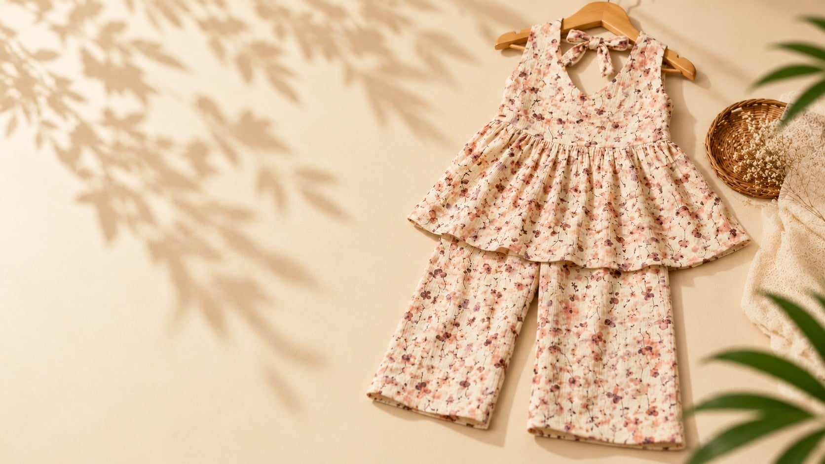 A girl's floral two-piece outfit on a hanger, styled with dried flowers