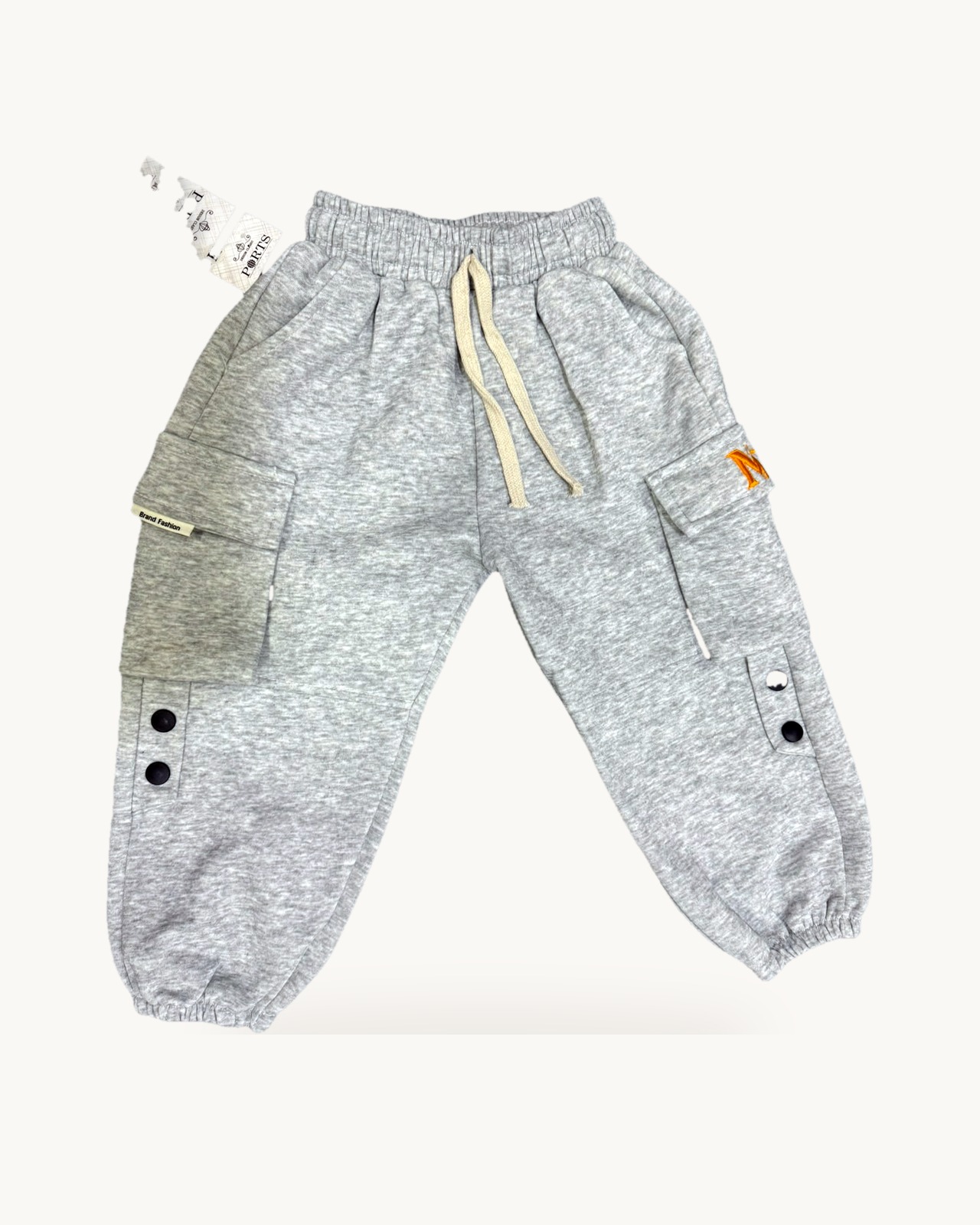 Grey cargo trousers with drawstring waist
