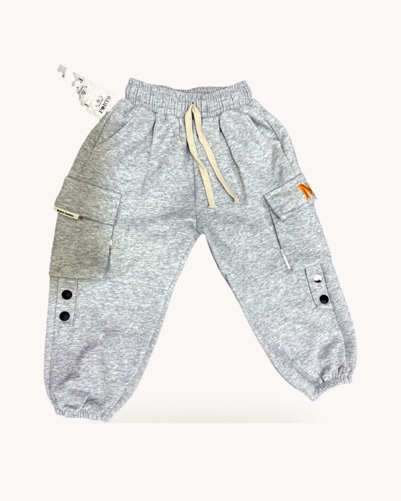 Grey cargo trousers with drawstring waist